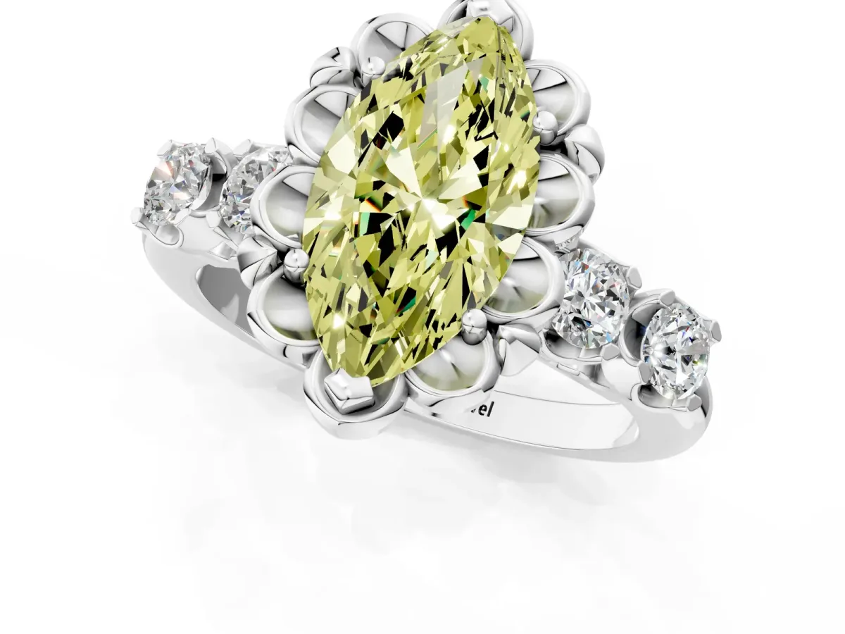 Fancy Yellow Marquise Cut Cut Diamond Floral Halo Engagement Ring with Shared Prong Setting Silver