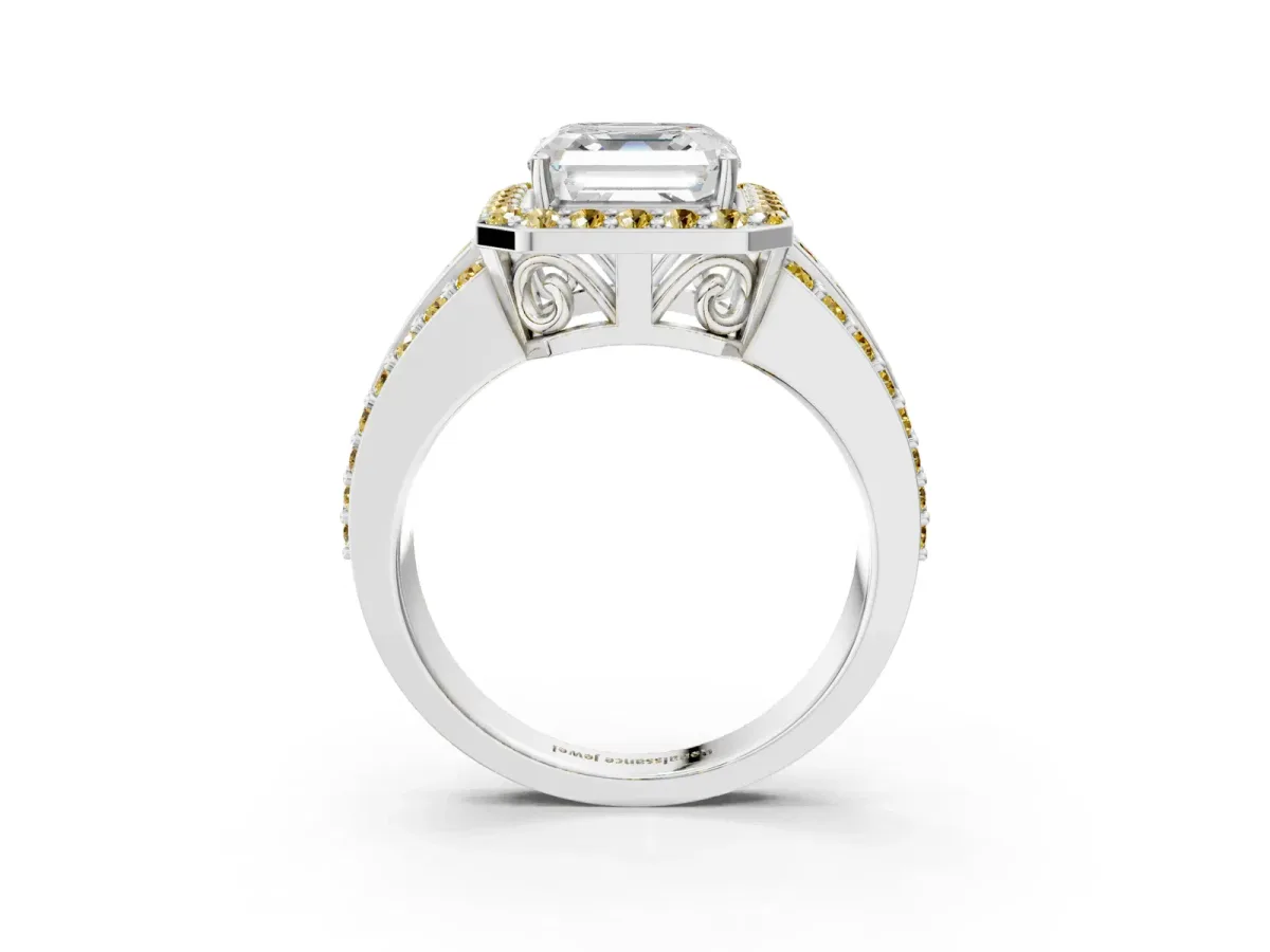 Asscher Cut Halo Diamond Ring with Round Yellow Sapphire Split Shank and Prong Setting Silver