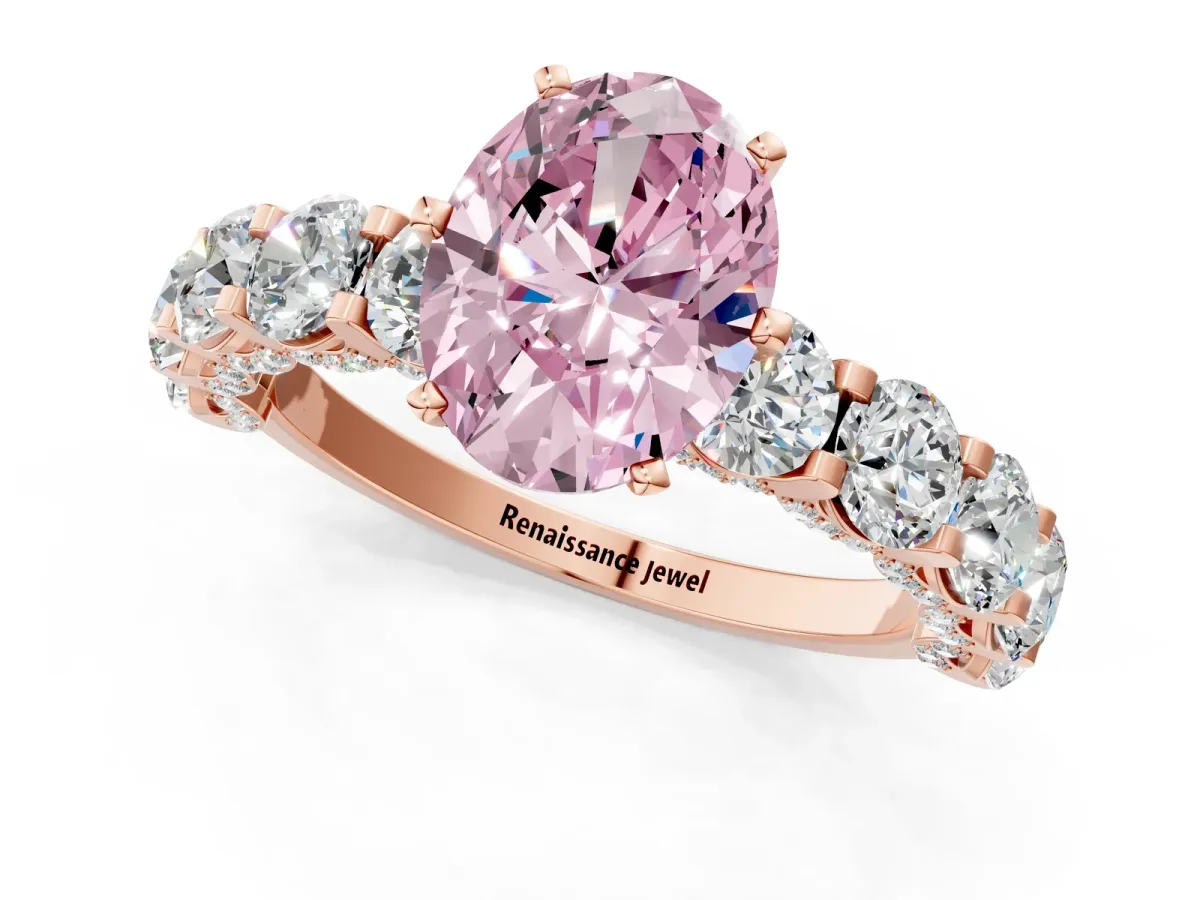 Fancy Pink Oval Cut Diamond Side Stone Engagement Ring with Four-Prong Setting Rose gold