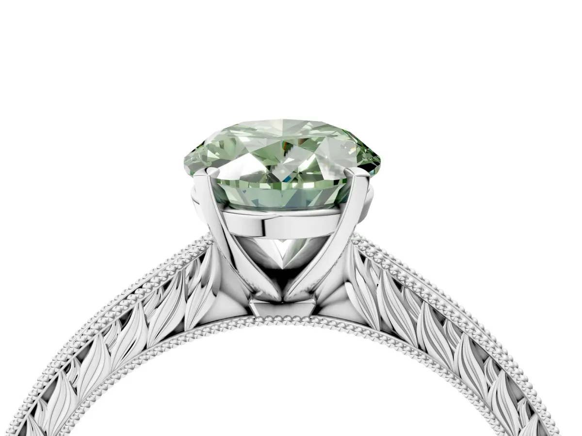 Fancy Green Oval Cut Solitaire Milgrain Engraved Band with Four-Prong Setting White gold