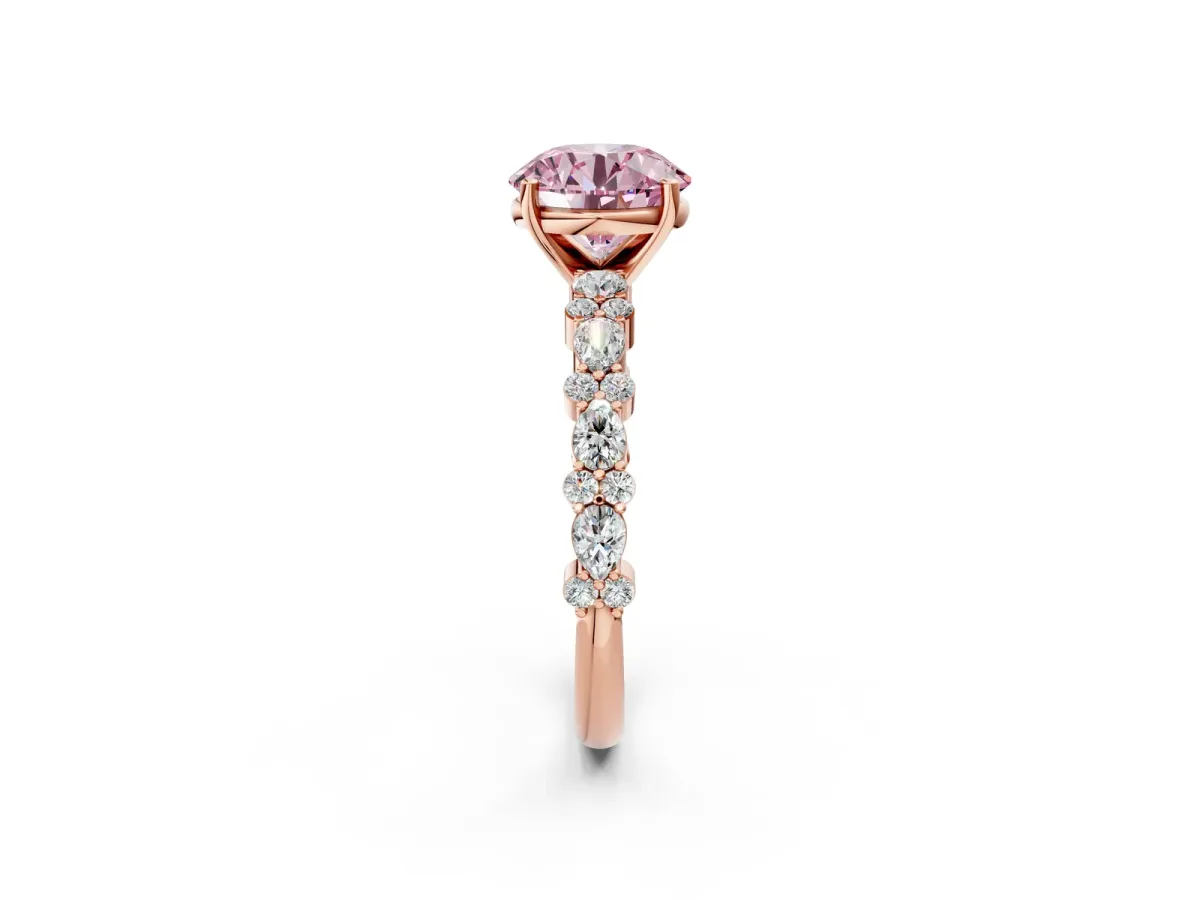 Fancy Pink Round Cut Diamond Side Stone Solitaire Ring with Round and Four-Prong Setting Rose gold