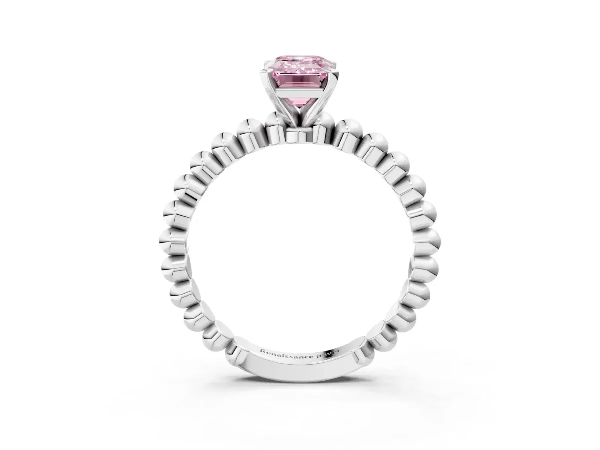 Fancy Pink Emerald Cut Diamond Solitaire Ring with Beaded Band and Prong Setting Silver