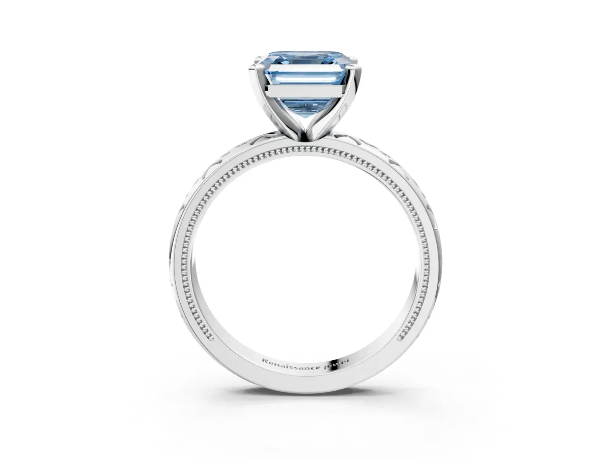 Fancy Blue Asscher Cut Solitaire Engagement Ring with Scrollwork Band and Four-Prong Setting Platinum