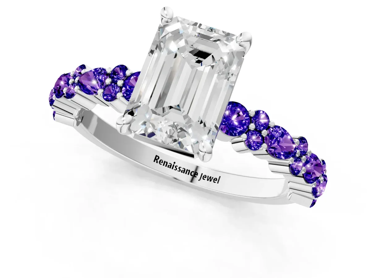 Emerald Cut Diamond Side Stone Solitaire Ring with Round Tanzanite and Four-Prong Setting Platinum
