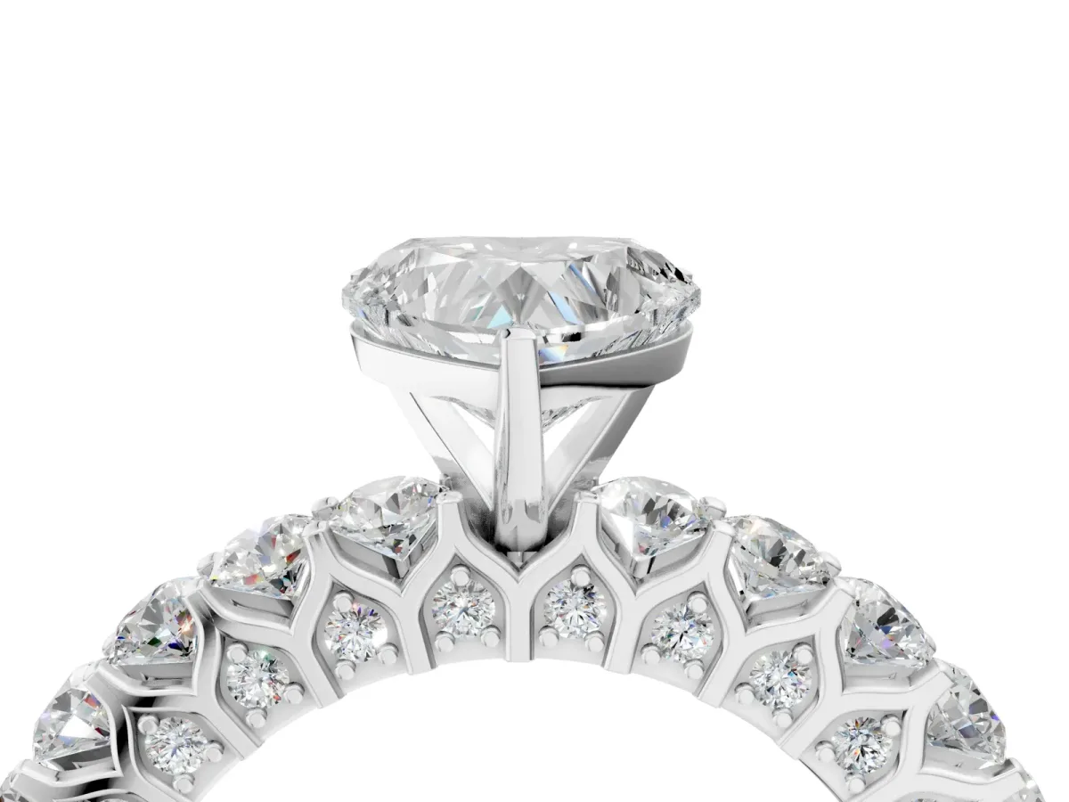 Heart Cut Diamond Solitaire Ring with Shared Prong Pavé Band and Four-Prong Setting Silver
