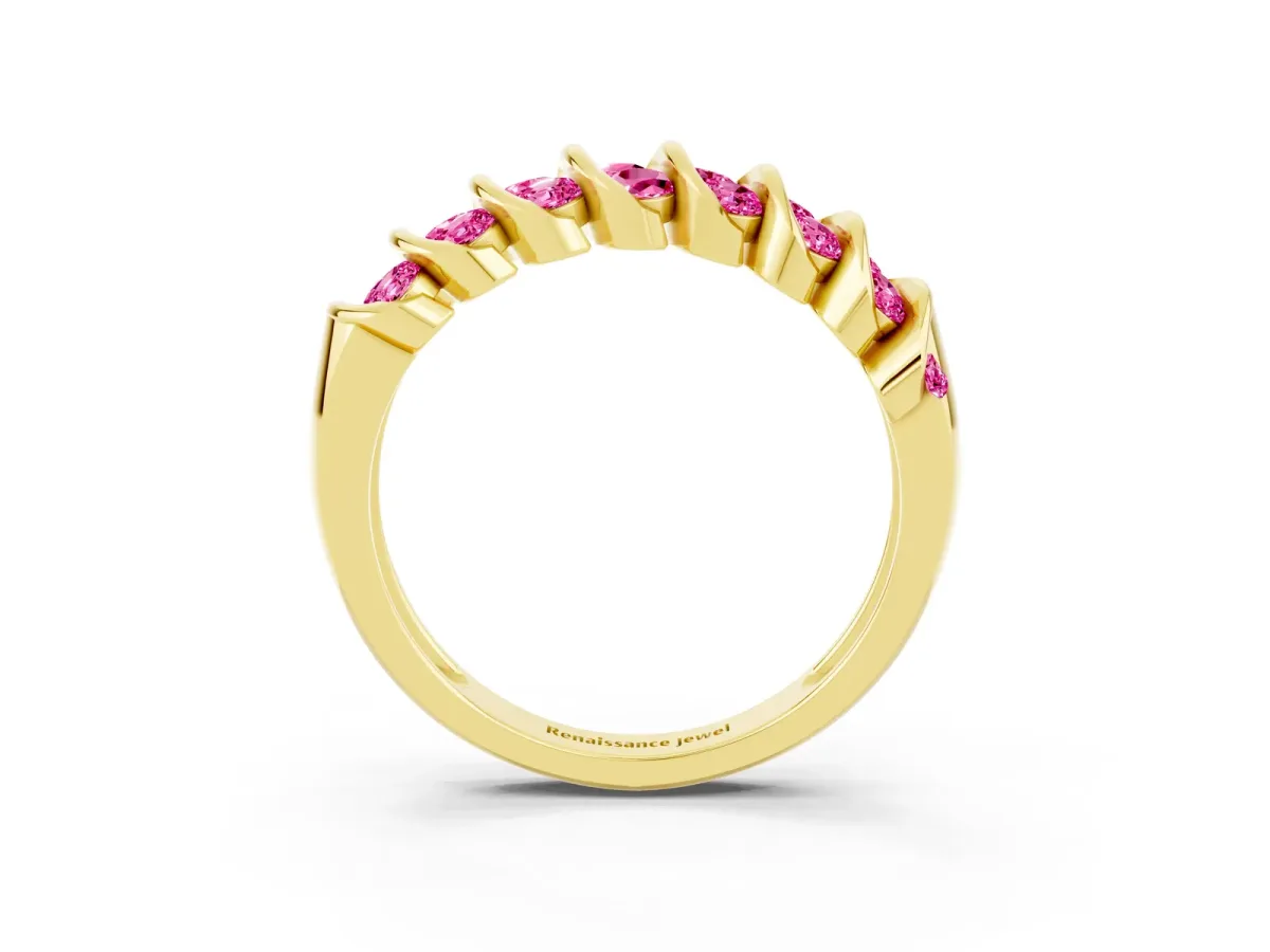 Channel Set Round Pink Sapphire Multi-Row Band Yellow gold