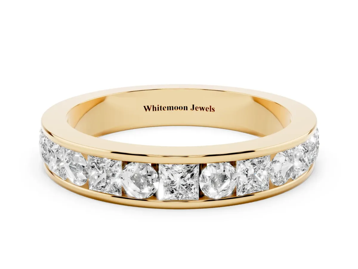 Princess Diamond Channel Set Promise Ring with Round Diamond Accents Yellow gold