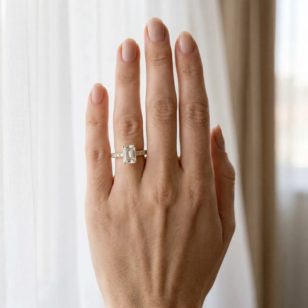Emerald Cut Diamond Pave Band Solitaire Ring with Round and Prong Setting Yellow gold