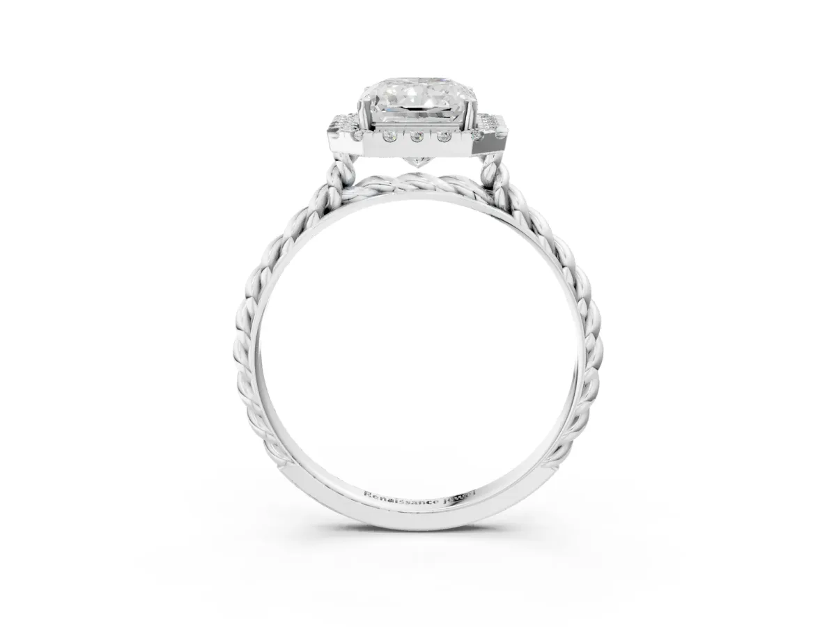 Radiant Cut Halo Twisted Band Four-Prong Diamond Ring Platinum