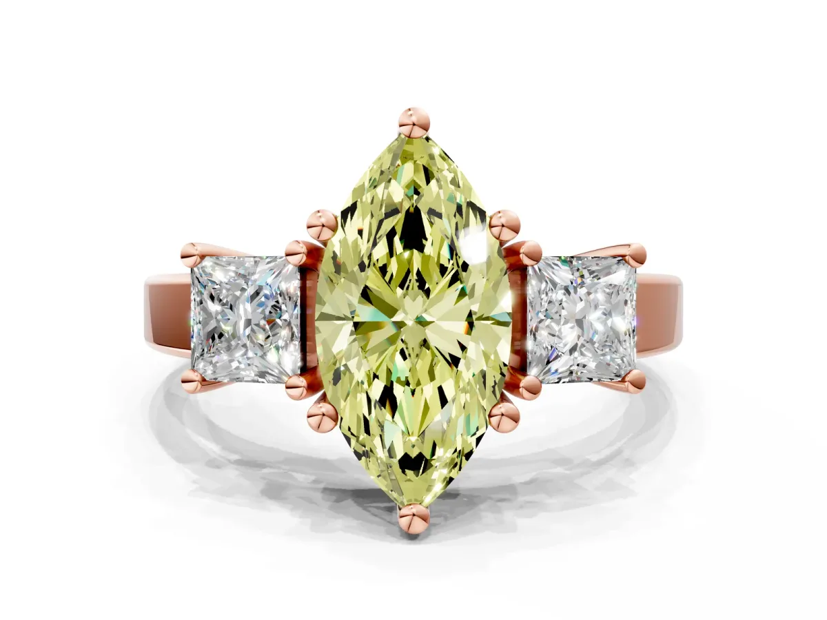 Fancy Yellow Three-Stone Marquise Cut Cut Solitaire Ring with Prong Setting Rose gold