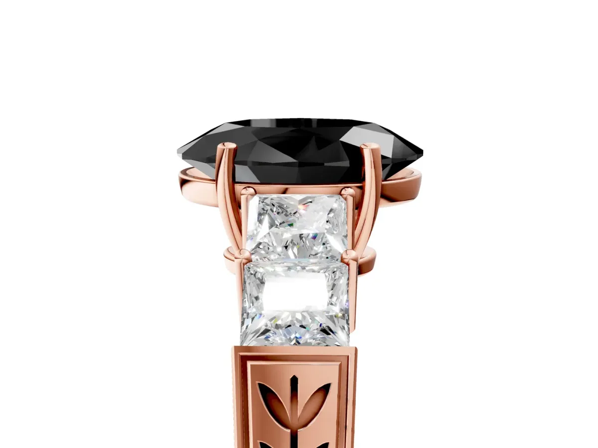 Fancy Black Oval Cut Solitaire Princess Side Stone Engraved Band Prong Setting Ring Rose gold