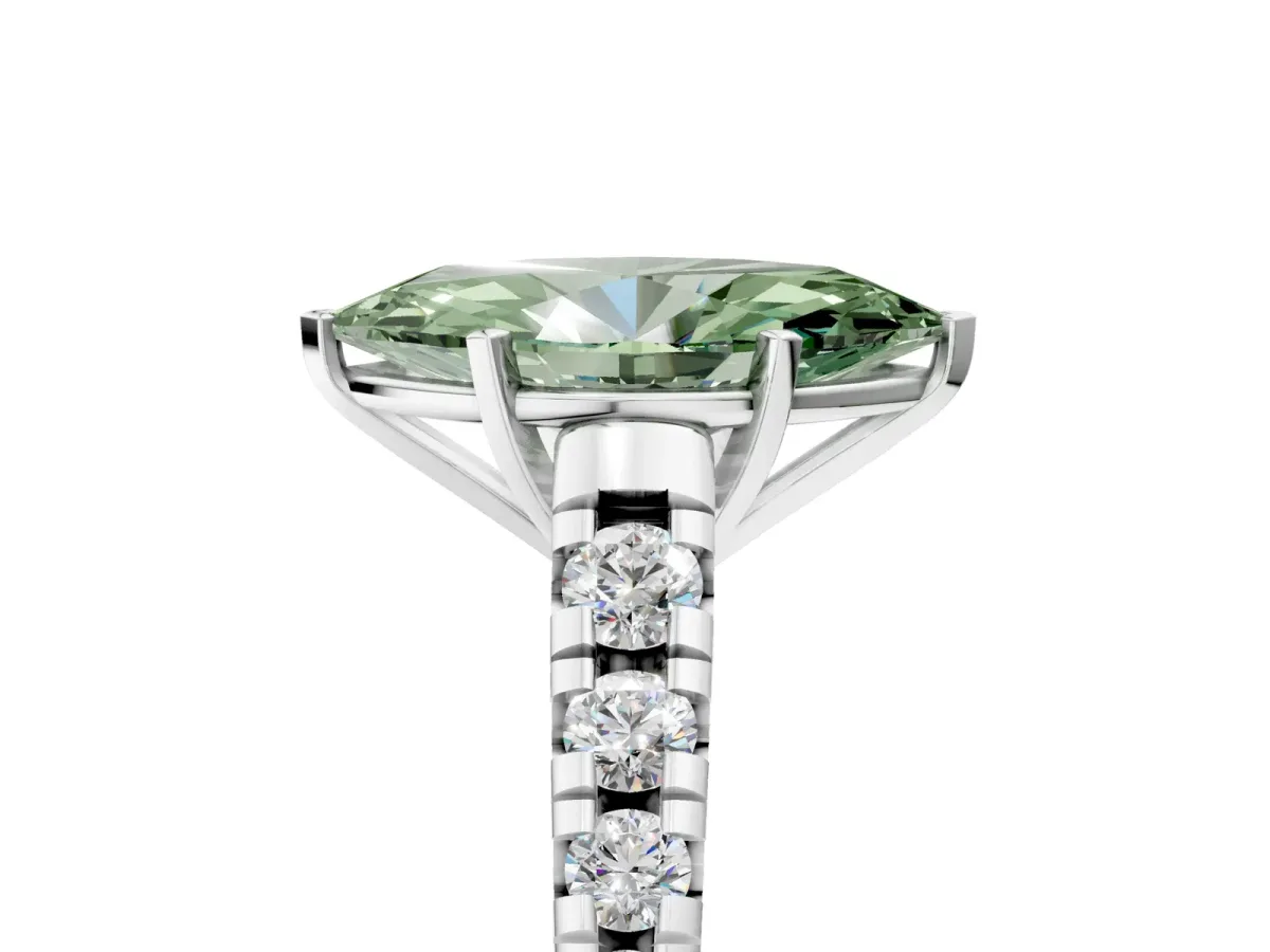Fancy Green Marquise Cut Diamond Cathedral Solitaire Ring with Round Pavé Band Silver