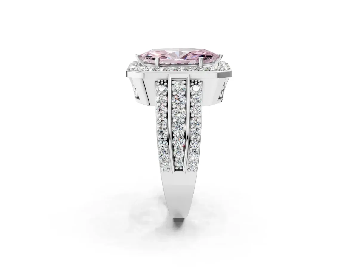 Fancy Pink Marquise Cut Halo Diamond Ring with Round Split Shank and Prong Setting Silver