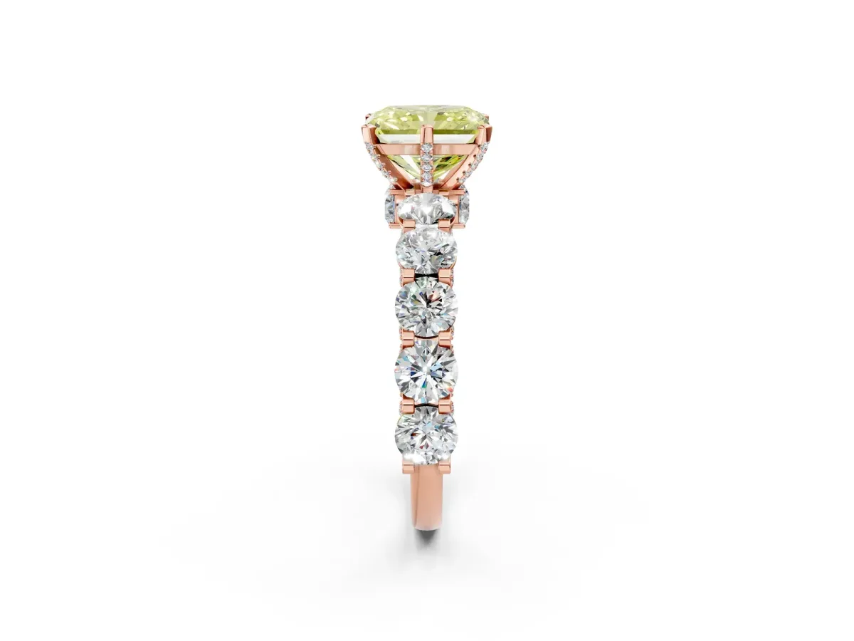 Fancy Yellow Radiant Cut Diamond Side Stone Engagement Ring with Four-Prong Setting Rose gold