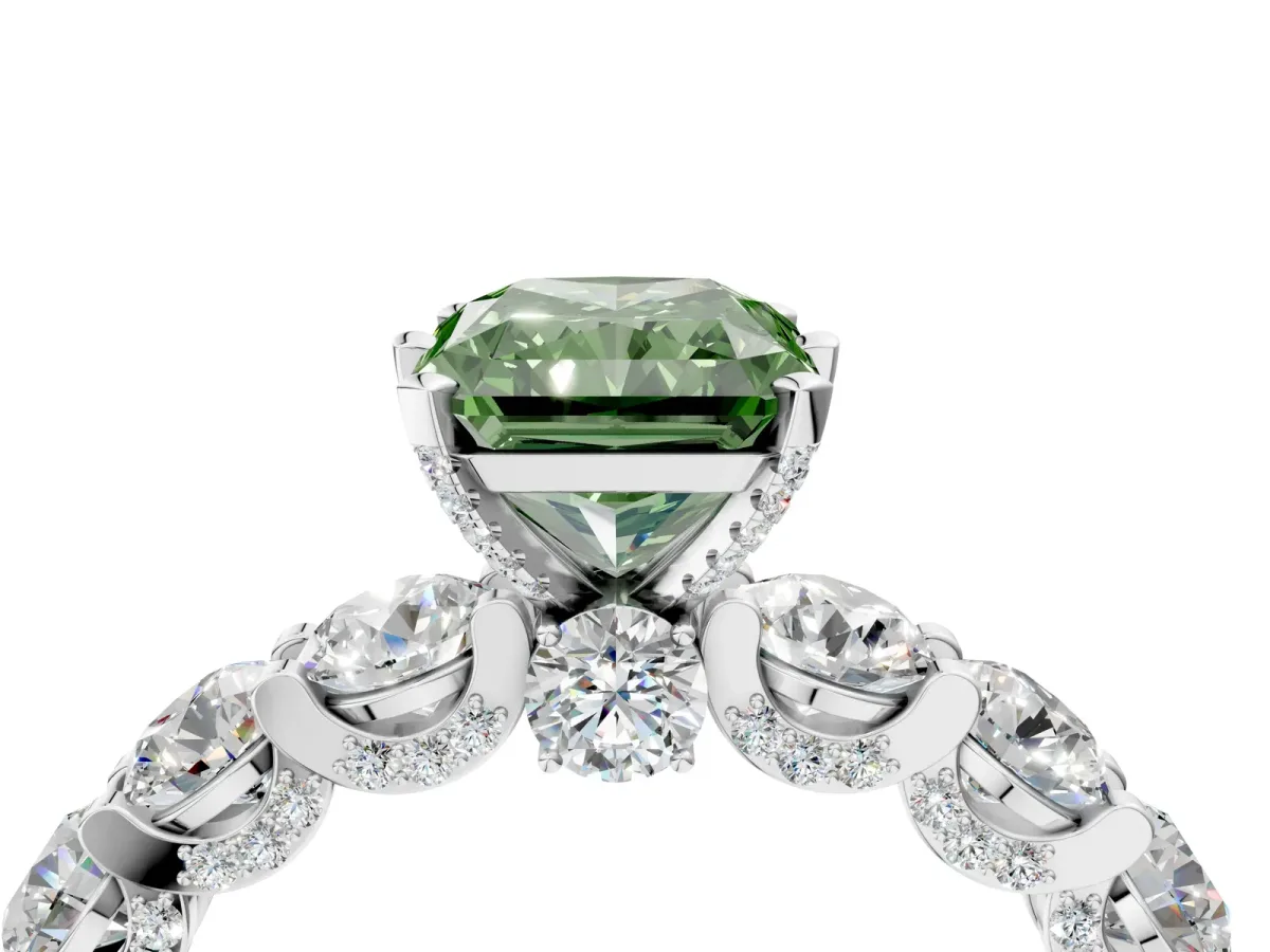 Fancy Green Radiant Cut Diamond Side Stone Engagement Ring with Four-Prong Setting White gold