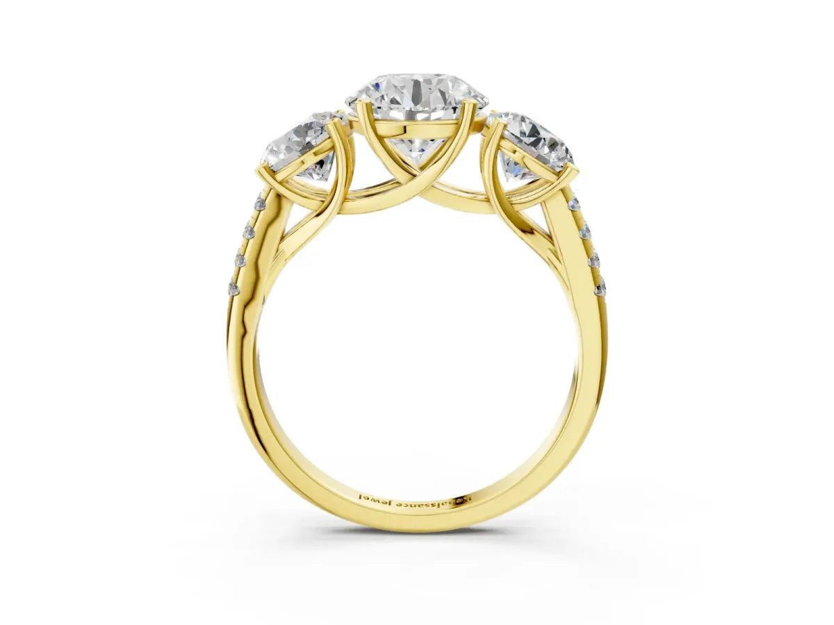 Three-Stone Round Cut Diamond Ring with Round Pavé Band and Prong Setting Yellow gold