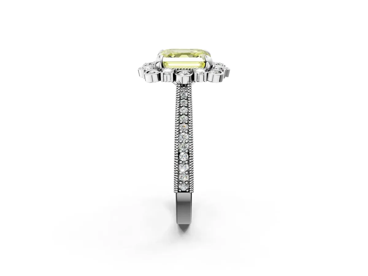 Fancy Yellow Asscher Cut Halo Milgrain Pave Diamond Ring with Four-Prong Setting Platinum