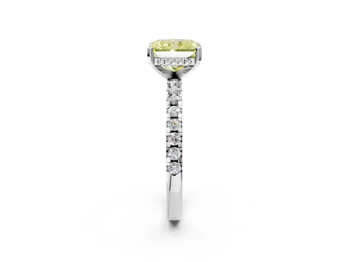 Fancy Yellow Radiant Cut Diamond Solitaire Ring with Round Pavé Band and Four-Prong Setting Silver