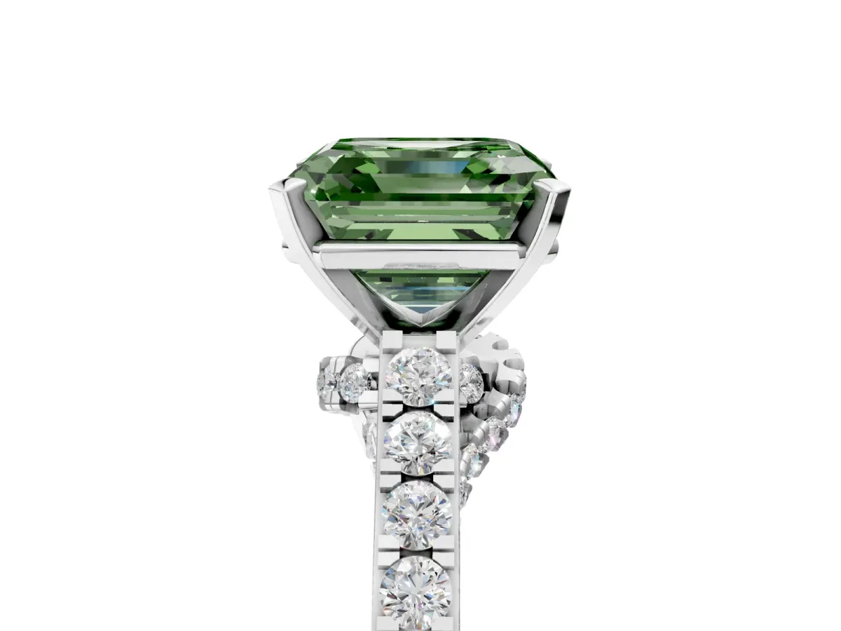Fancy Green Asscher Cut Diamond Solitaire Ring with Crossover Gallery and Round Pavé Band Silver