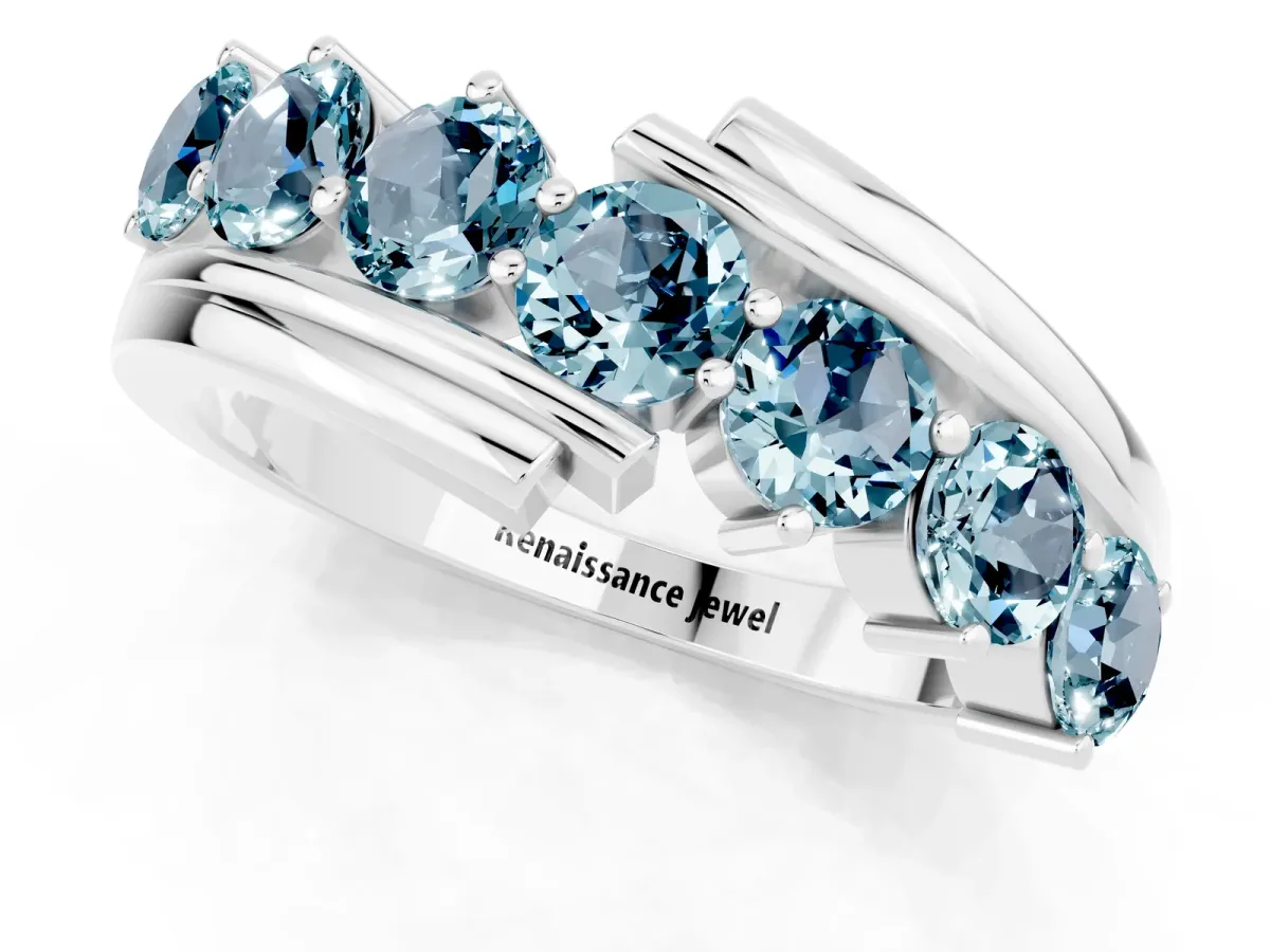 Round Aquamarine Wave Band with Channel and Shared Prong Setting Platinum