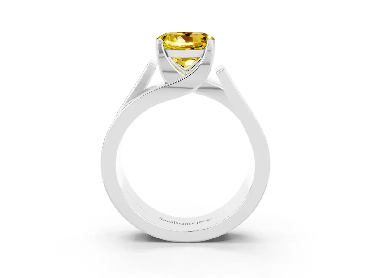 Modern Tension Set Round Cut Yellow Sapphire Solitaire Wide Band Ring Silver