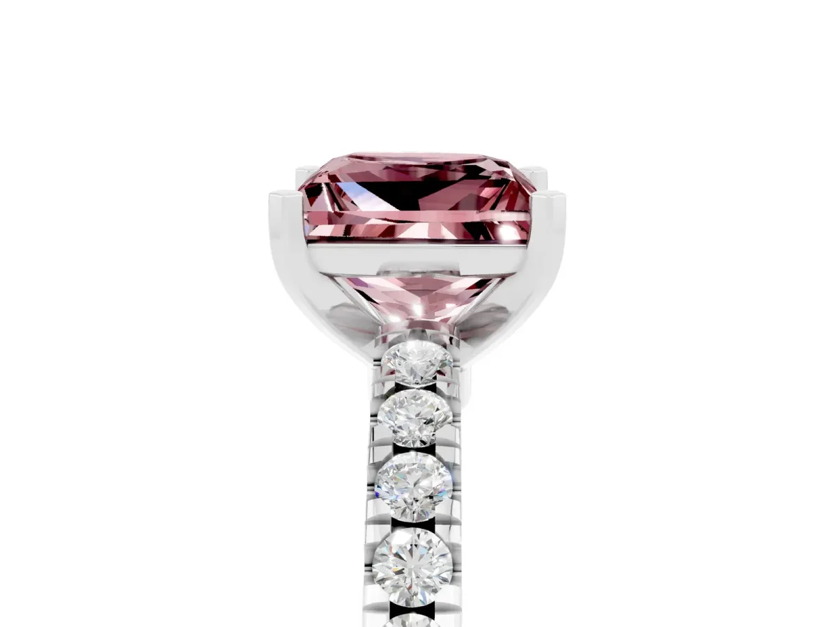 Princess Cut Solitaire Morganite with Pavé Band and Four-Prong Setting Silver