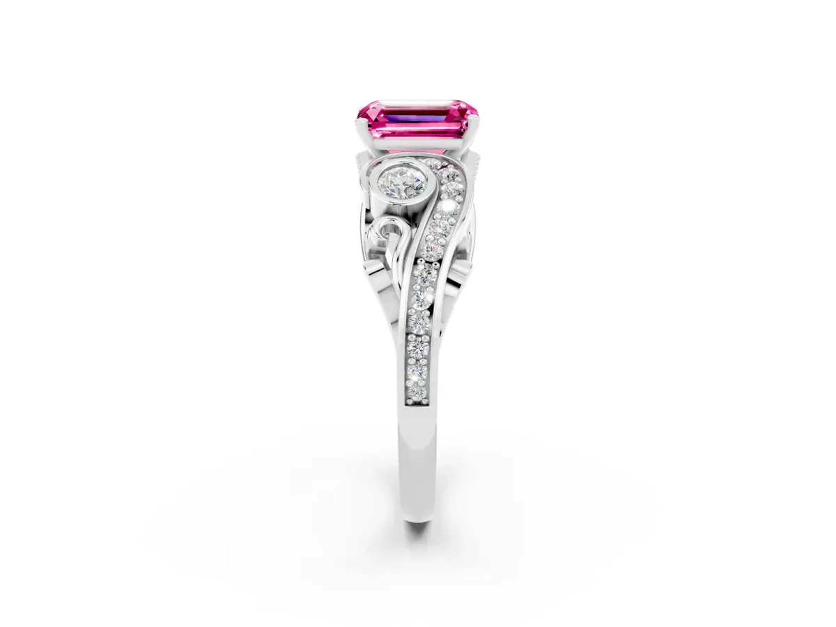 Emerald Cut Pink Sapphire Solitaire Ring with Milgrain Pavé Band and Four-Prong Setting Silver