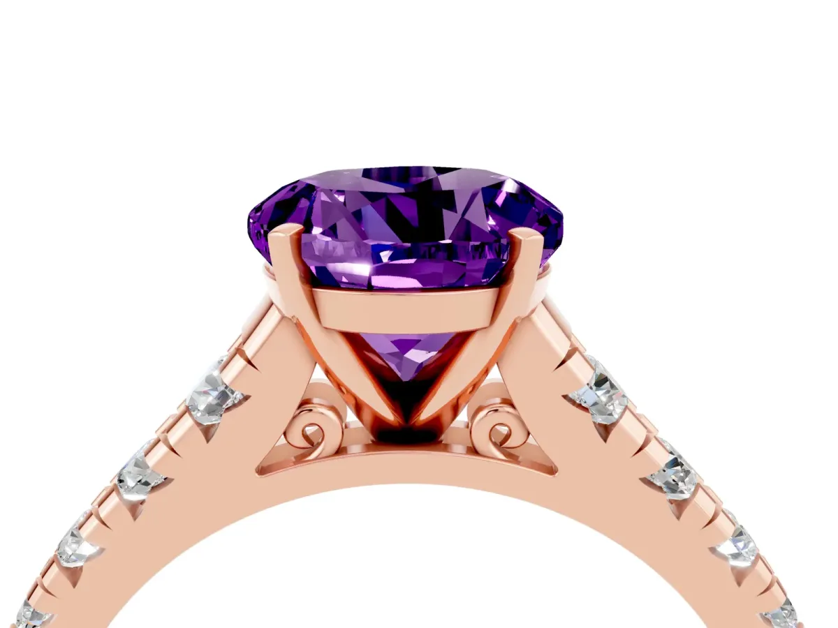 Round Cut Amethyst Cathedral Solitaire Ring with Round Pavé Band Rose gold
