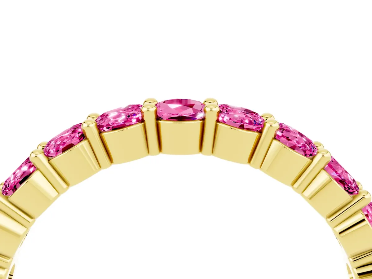 Round Pink Sapphire Half Eternity Band with Prong Setting Yellow gold