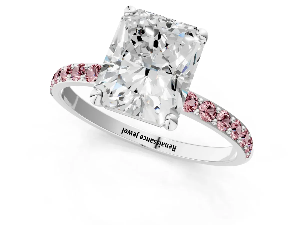Radiant Cut Diamond Solitaire Ring with Round Morganite Pavé Band and Prong Setting Silver