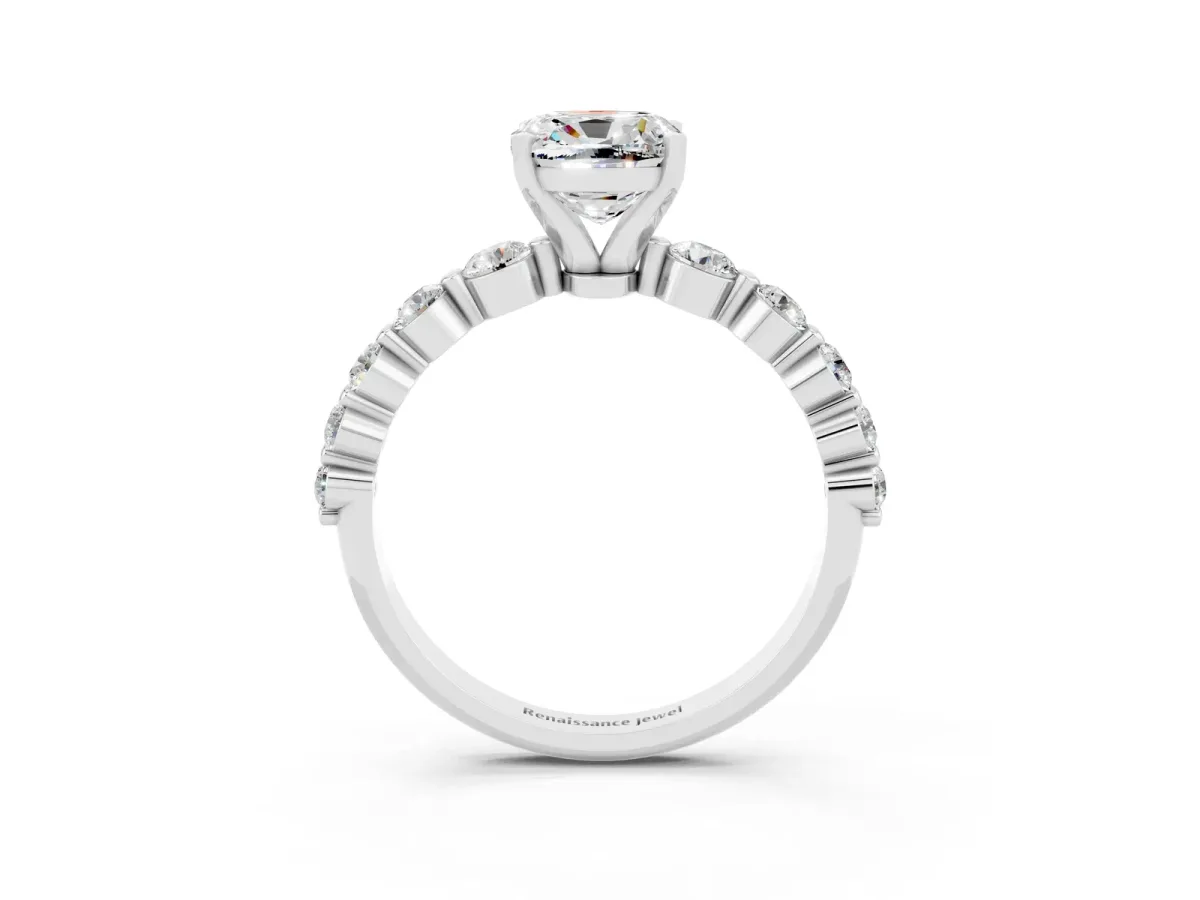 Cushion Cut Solitaire Moissanite Ring with Pave Band and Four-Prong Setting Silver