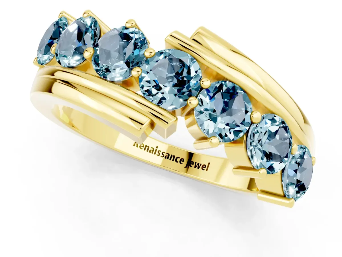 Round Aquamarine Wave Band with Channel and Shared Prong Setting Yellow gold