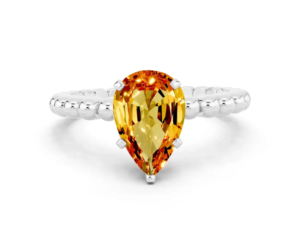 Pear Cut Citrine Solitaire Ring with Beaded Band and Prong Setting Platinum