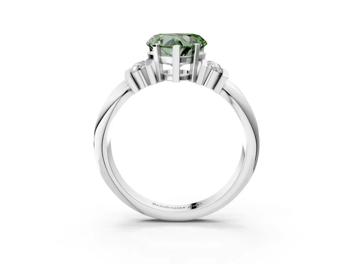 Fancy Green Heart Cut Cut Three-Stone Channel Set Ring with Bar Prongs Platinum