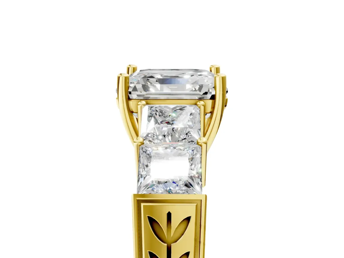 Asscher Cut Solitaire Princess Side Stone Engraved Band Prong Setting Ring Yellow gold