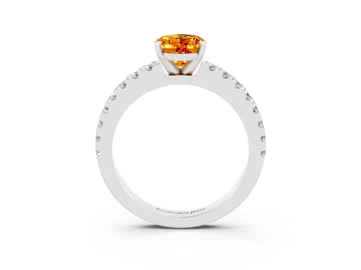 Oval Cut Solitaire Citrine with Pavé Band and Four-Prong Setting Platinum