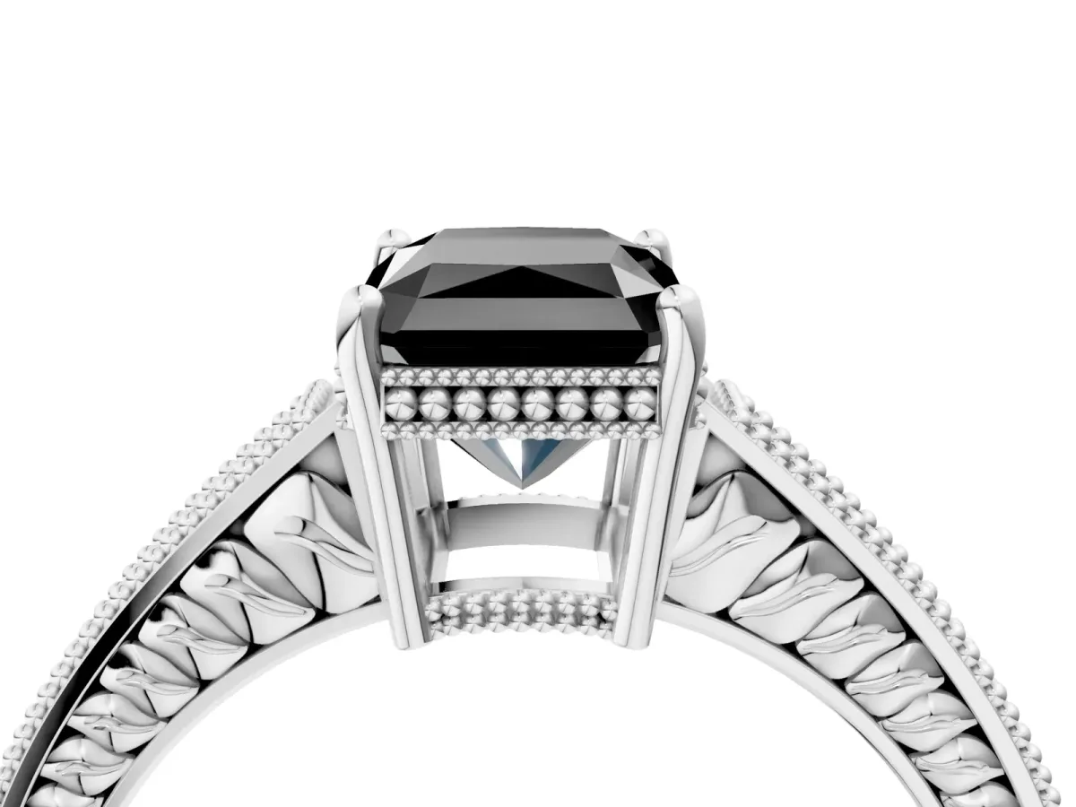 Fancy Black Radiant Cut Cut Diamond Milgrain Pave Band Four-Prong Setting Ring Platinum