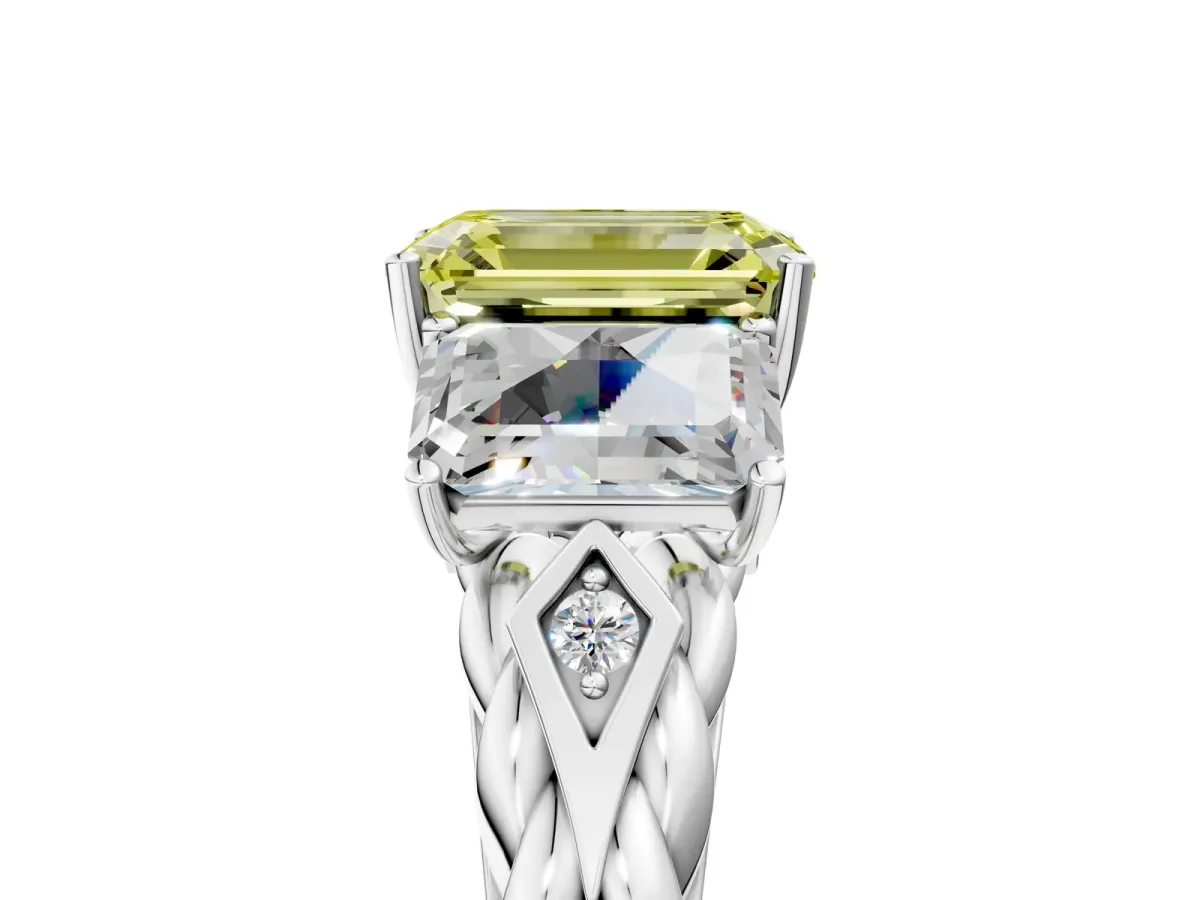 Fancy Yellow Three-Stone Emerald Cut Diamond Braided Band Ring with Four-Prong Setting Silver