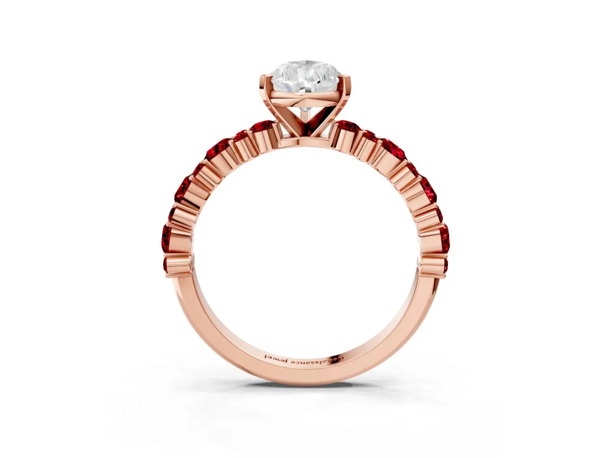 Pear Cut Diamond Side Stone Solitaire Ring with Round Ruby and Four-Prong Setting Rose gold