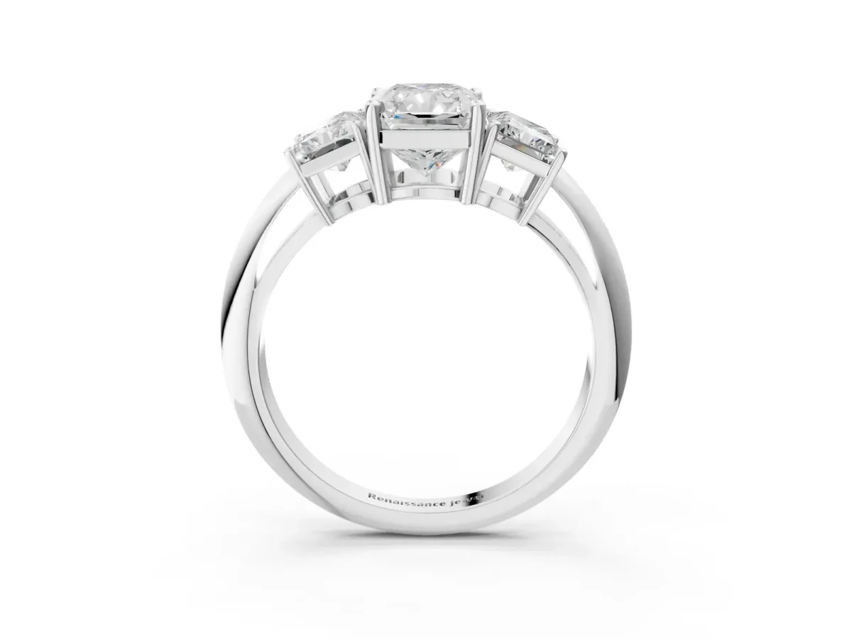 Three-Stone Radiant Cut Cut Diamond Engagement Ring with Prong Setting on a White Gold Band Silver