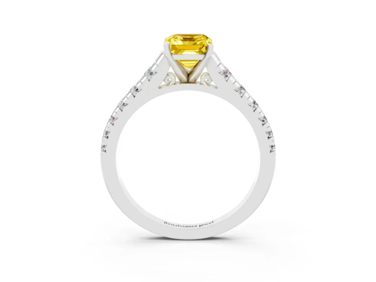Emerald Cut Yellow Sapphire Cathedral Solitaire Ring with Round Pavé Band Silver