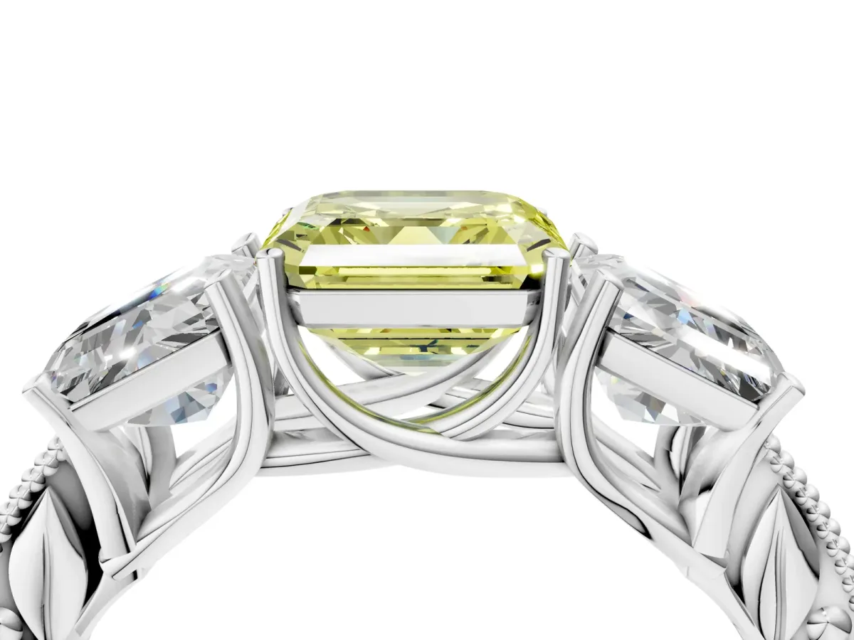 Fancy Yellow Three-Stone Asscher Cut Cut Milgrain Pavé Engagement Ring Platinum