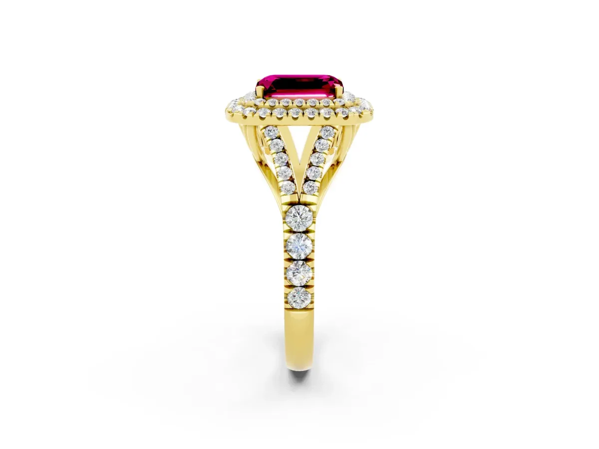 Double Halo Emerald Cut Garnet Split Shank Engagement Ring with Four-Prong Setting Yellow gold