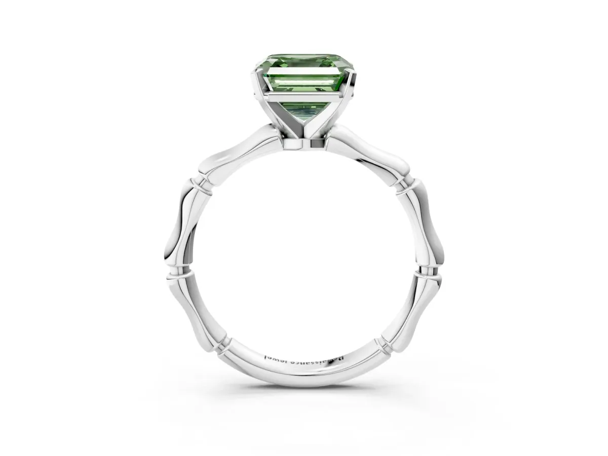 Fancy Green Asscher Cut Solitaire Diamond Ring with Bamboo Band and Four-Prong Setting Platinum