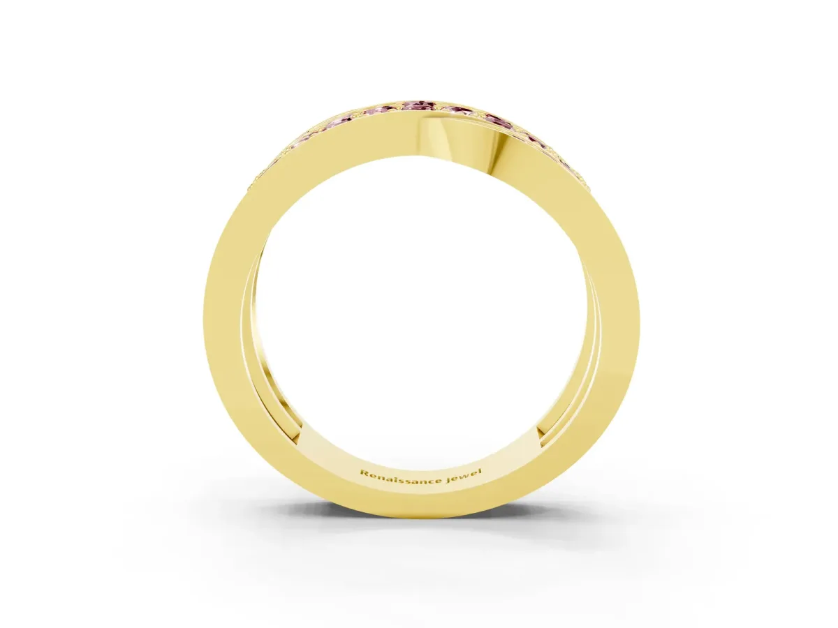 Pavé Round Morganite Crossover Band with Bead Prong Setting Yellow gold