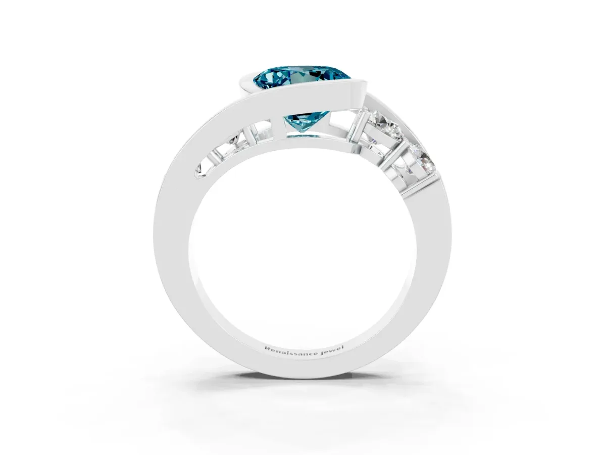 Bezel Set Round Cut Blue Topaz Bypass Ring with Round Accents Silver
