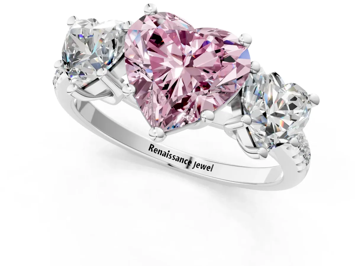 Fancy Pink Three-Stone Heart Cut Diamond Ring with Round Pavé Band and Prong Setting Silver