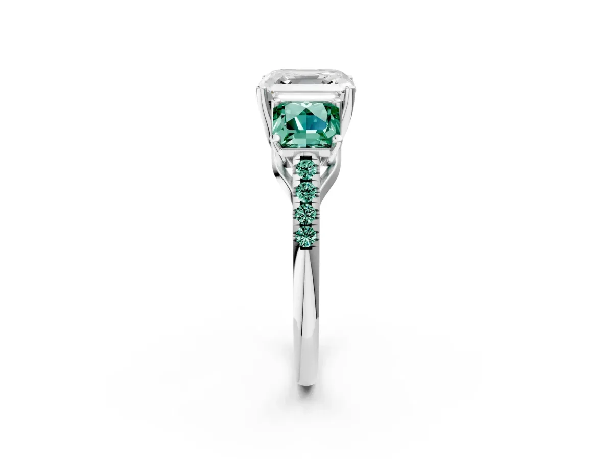 Three-Stone Asscher Cut Diamond Ring with Round Green Sapphire Pavé Band and Prong Setting Silver