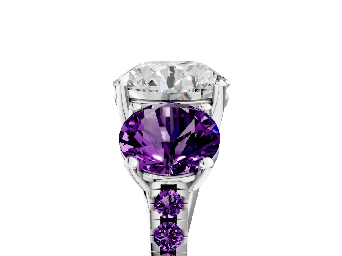 Three-Stone Round Cut Diamond Ring with Round Amethyst Pavé Band and Prong Setting Silver