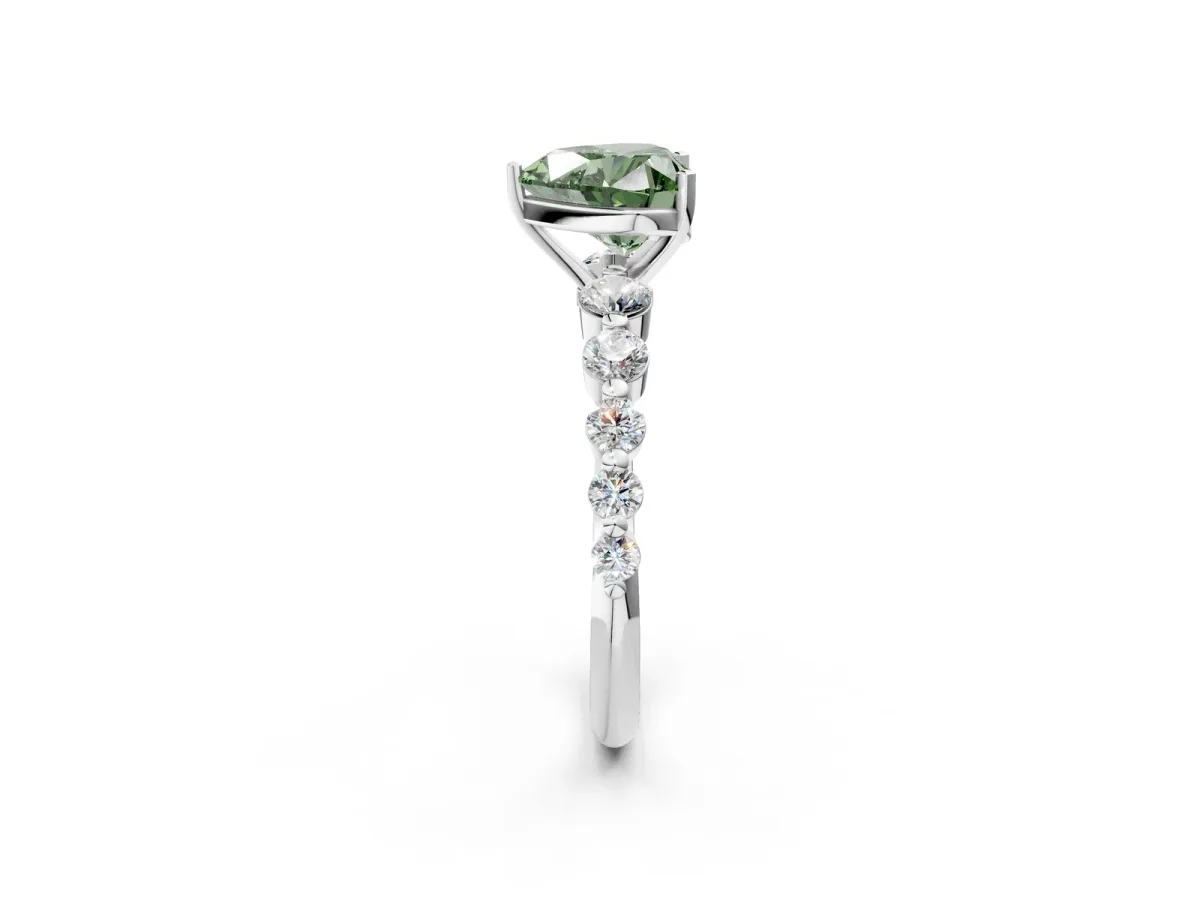 Fancy Green Heart Cut Solitaire Diamond Ring with Pave Band and Four-Prong Setting Silver